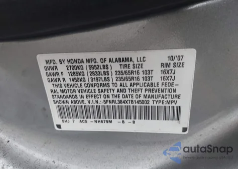 2007 Honda Odyssey Ex from USA, damaged, VIN 5FNRL384X7B145002